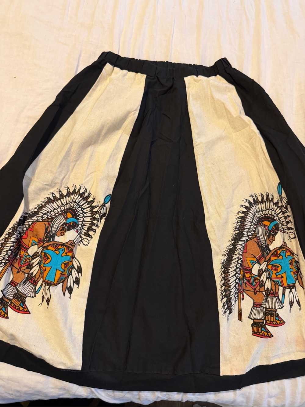 Vintage hand made Black and Cream Panel Skirt with Native  Dancer Motif